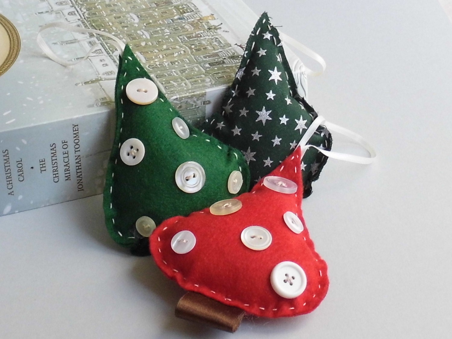 Red and Green handmade christmas tree decorations with button detail