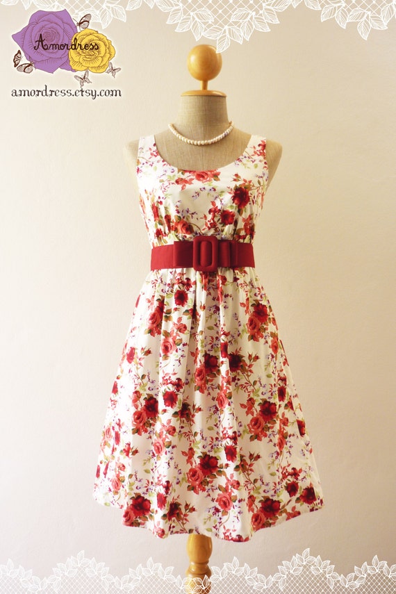 Rose Tea Dress Red Floral Dress Vintage Inspired Dress Garden