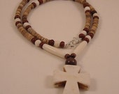 Afrocentric Bone Beads Coconut Beads Magnesite Beads and Magnesite Cross Pendant Unisex Necklace Mens Man Woman