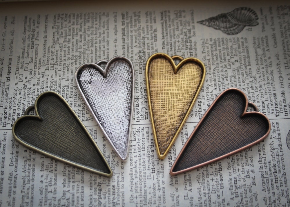 6 Heart Pendant Trays blank Antique Silver or Bronze Bezels