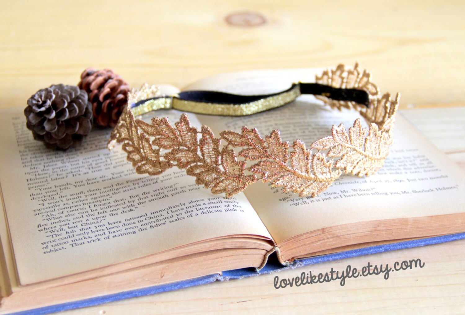 Gold Leaf Metallic Lace Elastic Headband Bridal Headband