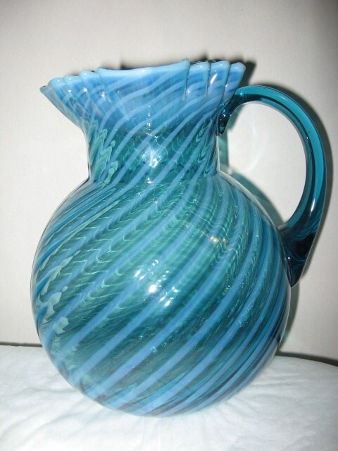 Large BLUE GLASS PITCHER Opalescent Swirl Vintage Ruffles epsteam ...