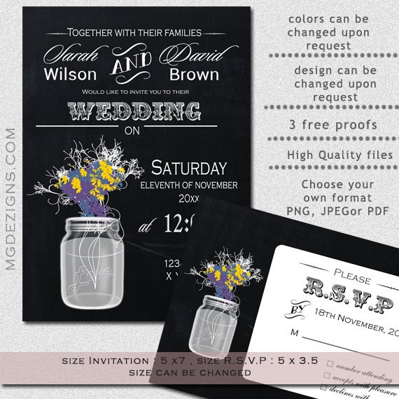 Printable vintage chalkboard mason jar, wild flowers, wedding Invites and RSVP