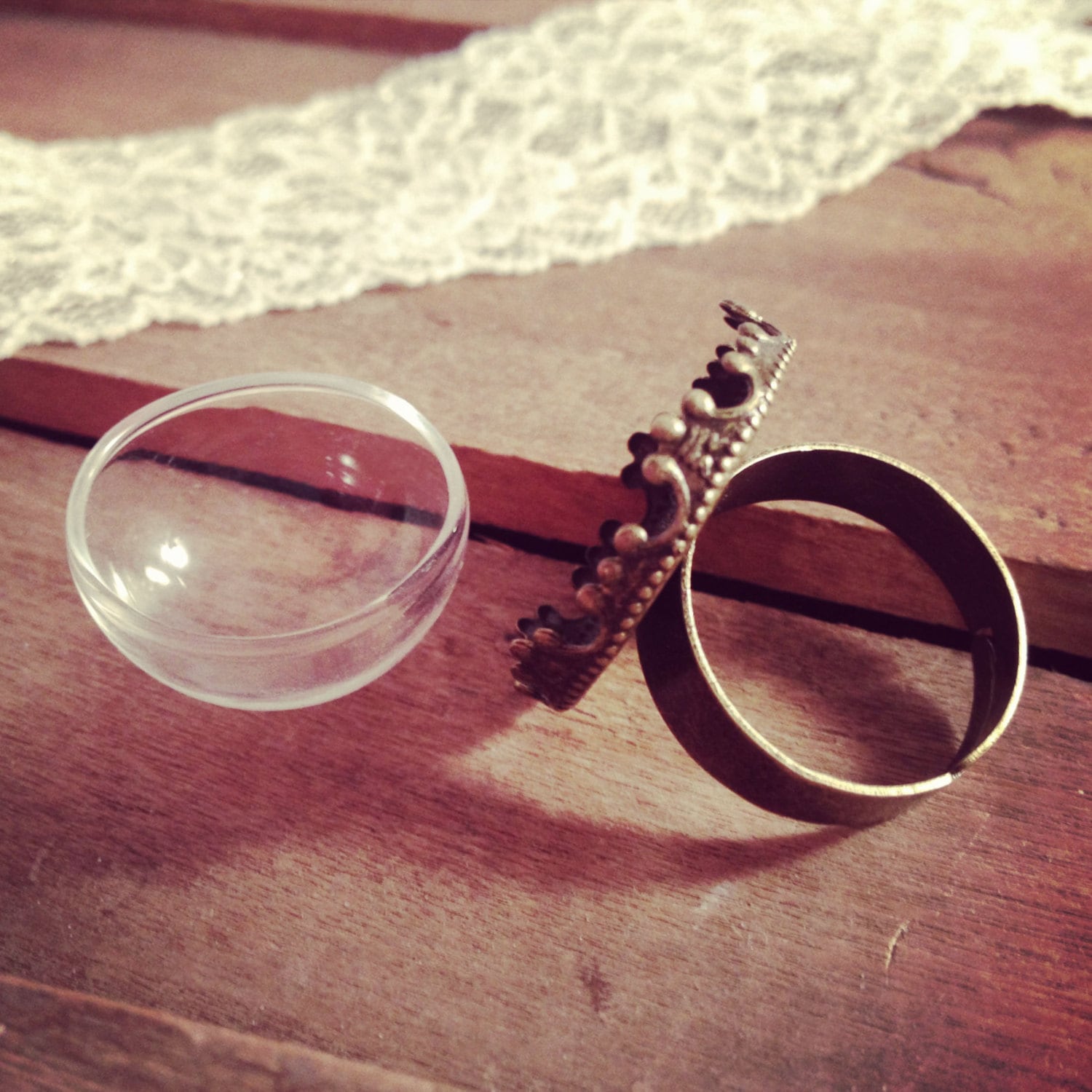1 Small Half Globe Glass Bottle Ring DIY Antique Bronze Ring