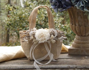Burlap Flower Girl Basket with Sola Flower Twigs Rustic Woodland Wedding Burlap Bag ~Small~ See Item Details Tab for Size Made to Order