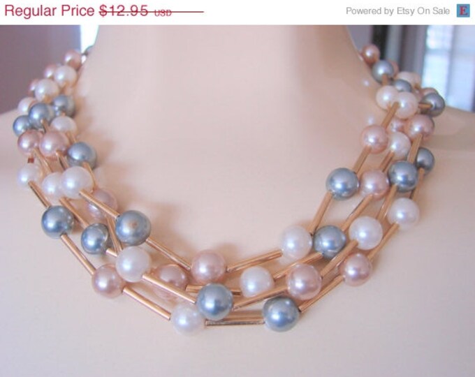 80s Avon Bib Pearl Necklace / Designer Signed / 3-Strand / Simulated Pearls / Wedding Bridal / Grey / Mauve / Natural / Jewelry / Jewellery