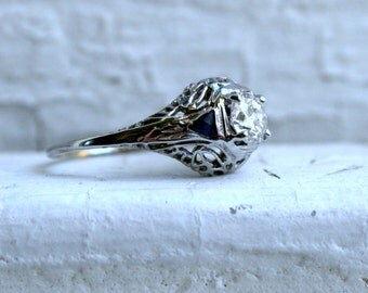 Vintage Filigree 18K White Gold Diamond and Sapphire Engagement Ring
