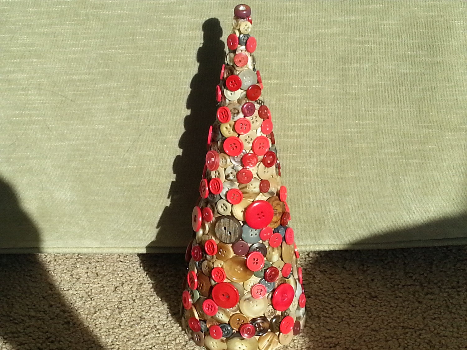 Handmade decorative multi colored brown tan and red new and vintage button Christmas tree