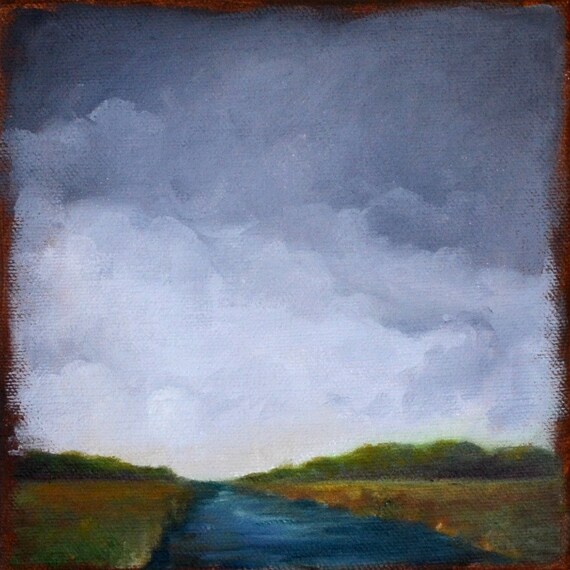 Original oil painting river landscape stormy sky