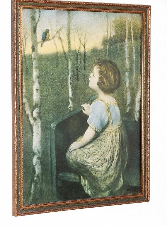 1920s Framed Lithograph Print Spring Song Girl on Bench