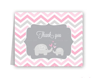 Pink and grey elephant baby shower thank you cards chevron elephant pink and grey PRINTABLE
