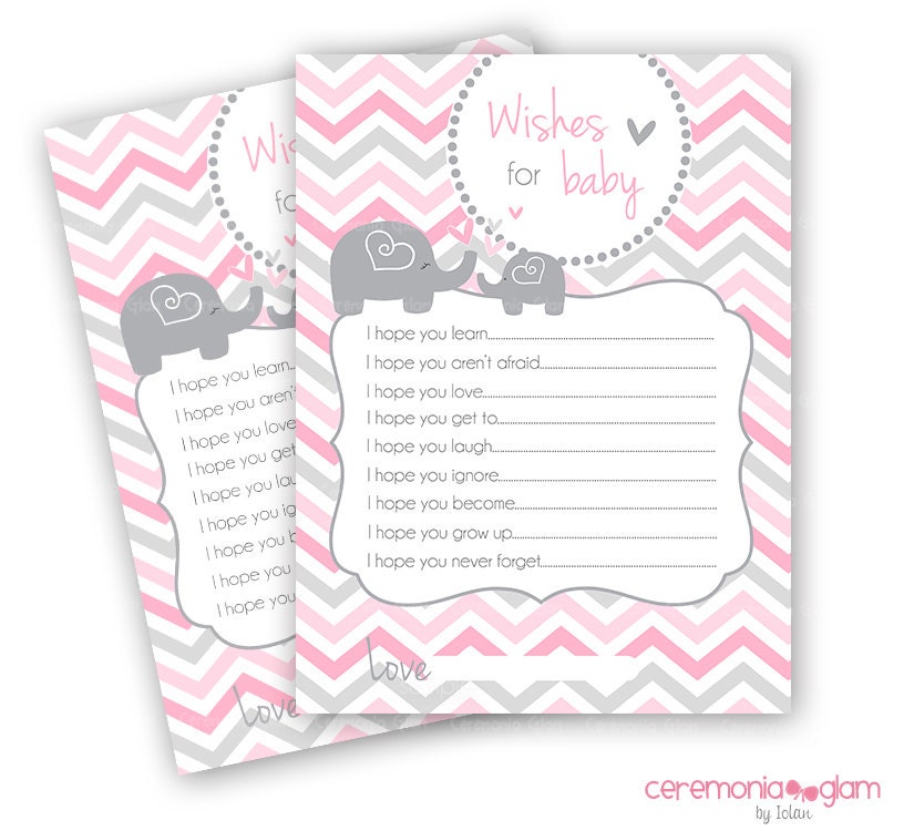 Printable Baby Shower Wishes for Baby elephant grey and pink