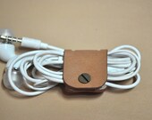 Brown Leather Earphone holder - vegetable leather - beige - tan brown leather- cable holder