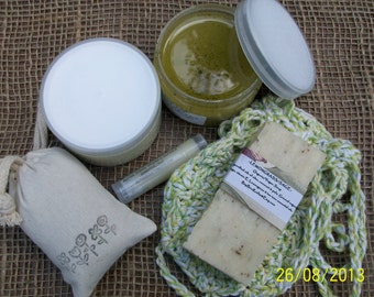 ORGANIC GIFT SETS several scent options-Lemongrass, Coconut Lime, Peaches N Cream etc. Soap saver, sugar scrub, body butter, lip balm, soap.