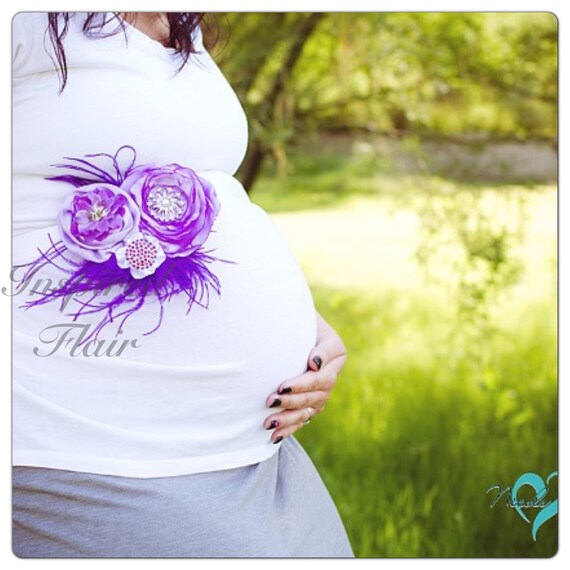 Maternity Sash Purple Pregnancy Belt Feathers & Flowers