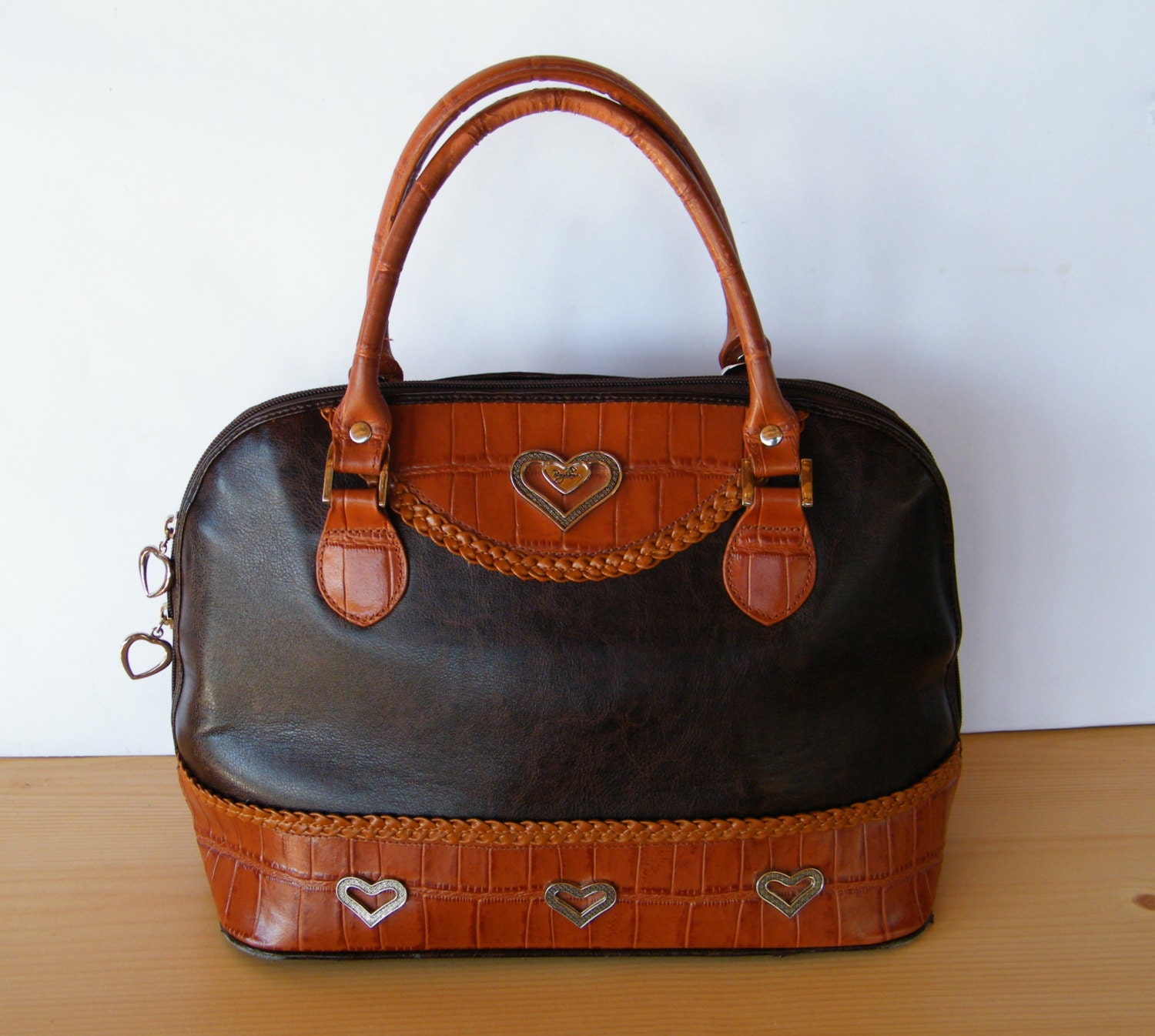 Vintage Brighton Hearts Handbag Two Tone Brown Large Purse