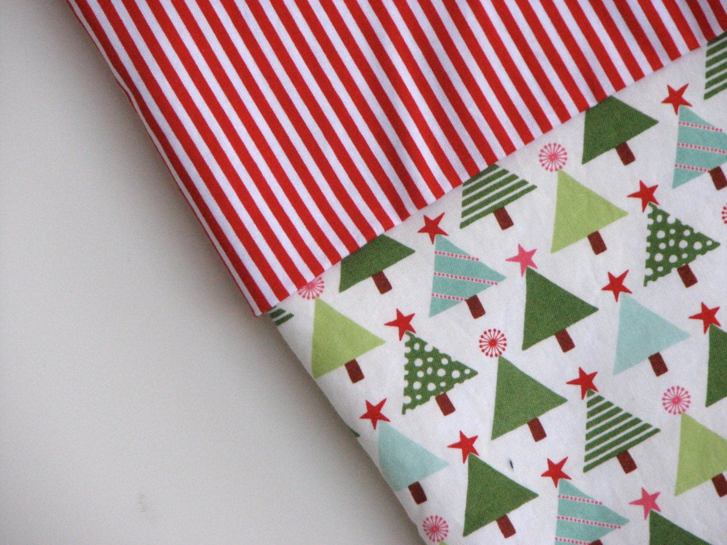 christmas stocking, trees and red and white stripes - fabric large - holiday decor - minimalist and modern - red, white and green