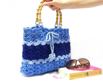 bag, Blue Bag , Striped bag, Crochet Purse, Handmade, Spring bag, Net ...