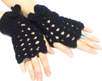 Mesh gloves, Mittens, Fingerless Gloves, Black, Crochet fingerless gloves, Sexy, Teenage, Victorian gloves, Tie, Crochet tie, Boho mittens