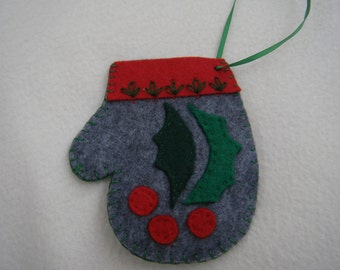 Grey Holly Leaves Felt Christmas Mitten Ornament/Gift Card Holder - HANDMADE BY ME