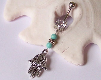 Belly Button Jewelry - Belly Button Ring - Belly Ring - Fatima Hand and Genuine Gemstone Dangle Belly Ring - Choose Gemstone - Made to Order
