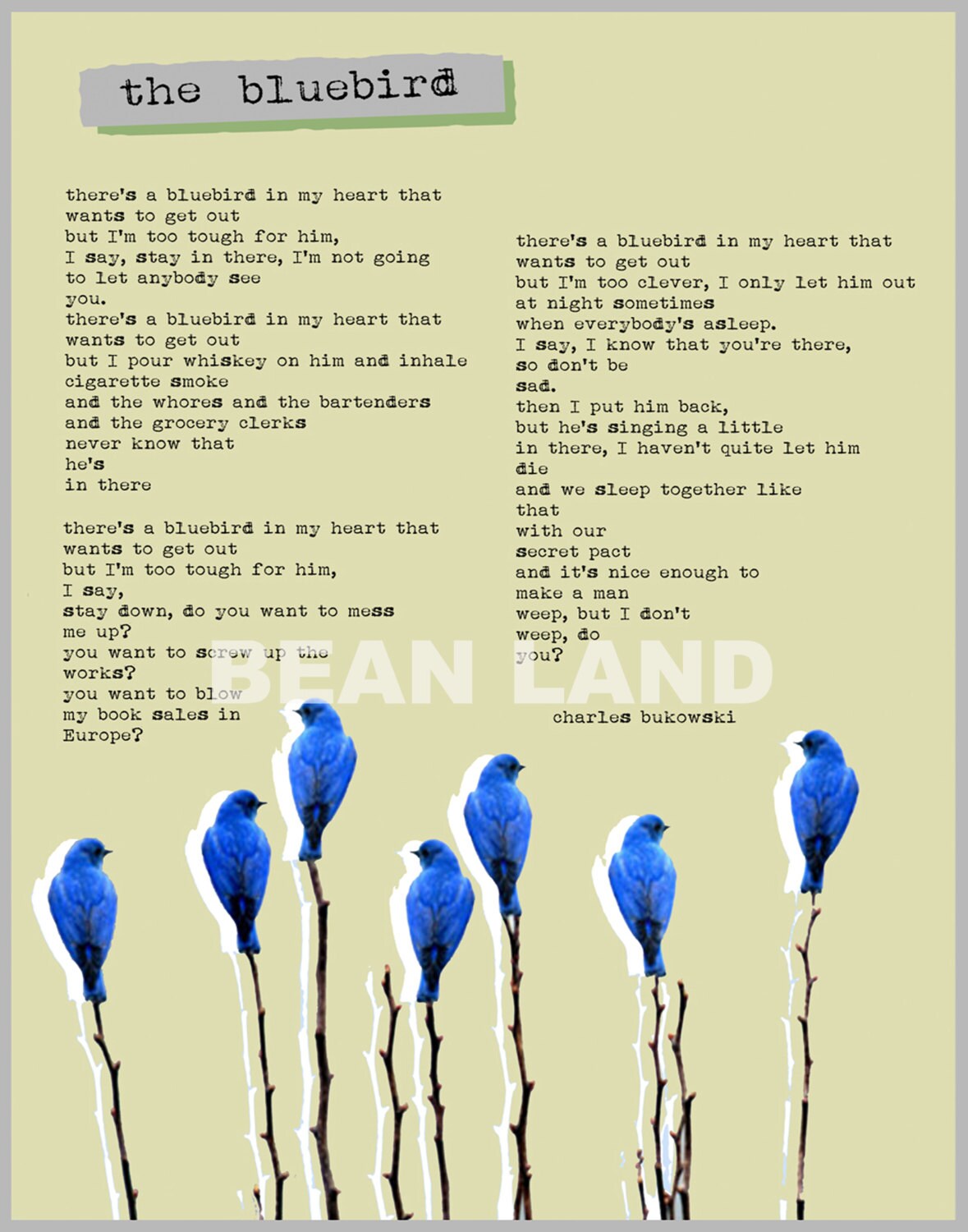 Charles BUKOWSKI POSTER The Bluebird poem collage poster