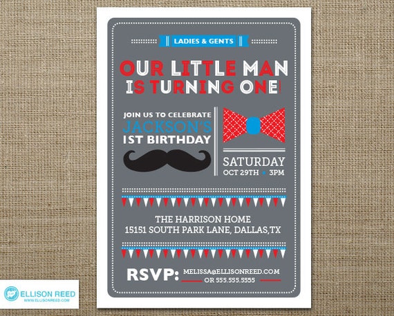 Little Man Birthday Invitation - Mustache Birthday Invitation - Bowtie Invitation - First Birthday Invitation - Boy Birthday - Printable Il_570xn