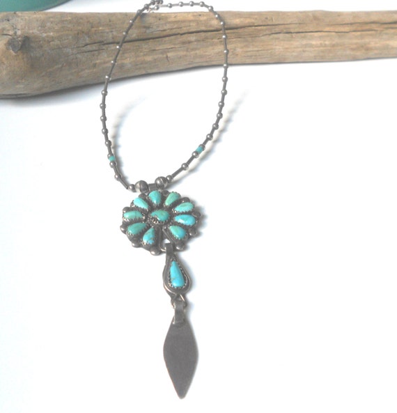 Old Pawn Zuni Necklace Petit Point Turquoise Pendant Native