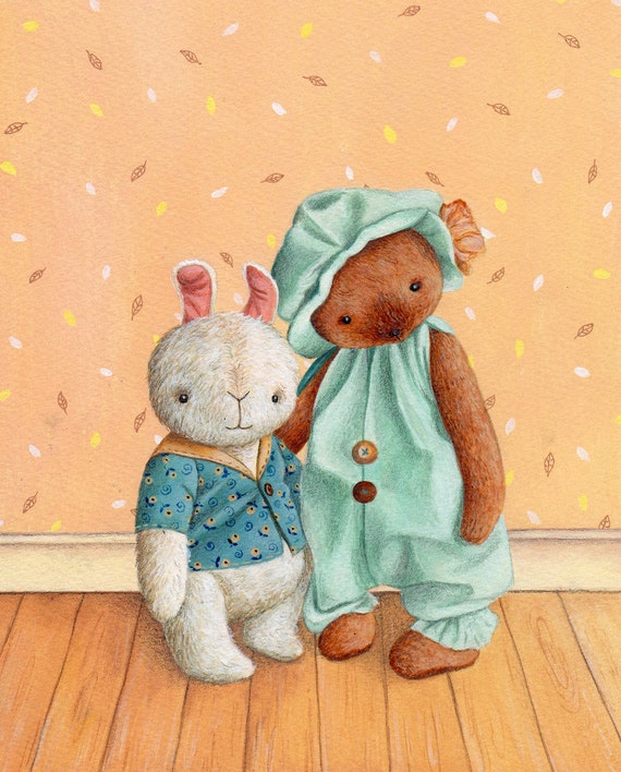 Nursery Art Print, Best Friends, Teddy Bear and Bunny