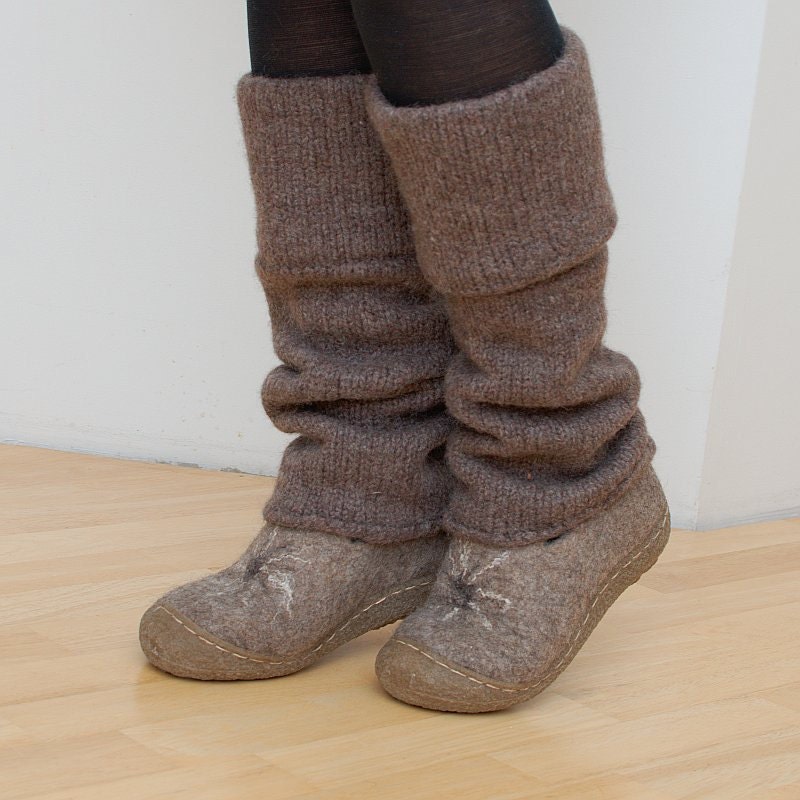 Boiled wool leg warmers brown knit leg warmers felted