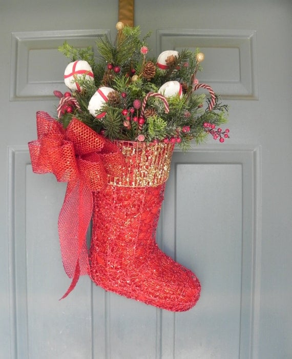 Christmas Wreath Mesh Wreath Christmas Stocking by RedRobynLane