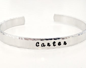 Hand Stamped Mommy Cuff Bracelet - Personalized Jewelry - Baby Name Bracelet - Secret Message Date of Birth - Custom New Mom Mommy Push Gif