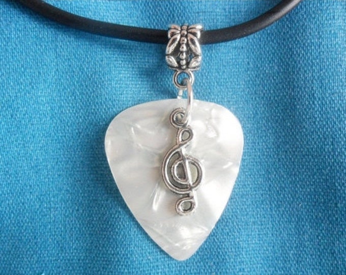 White Guitar pick necklace that is adjustable from 18" to 20"
