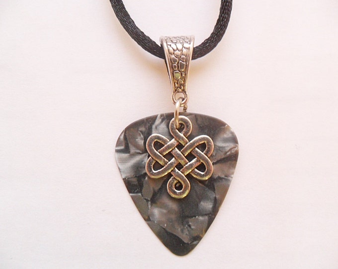 Gray Guitar pick necklace with Celtic Knot charm that is adjustable from 18" to 20"