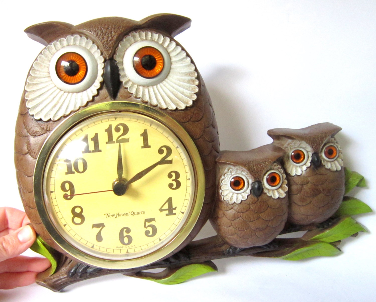 Vintage Owl Wall Clock by New Haven Brown Analog Timepiece
