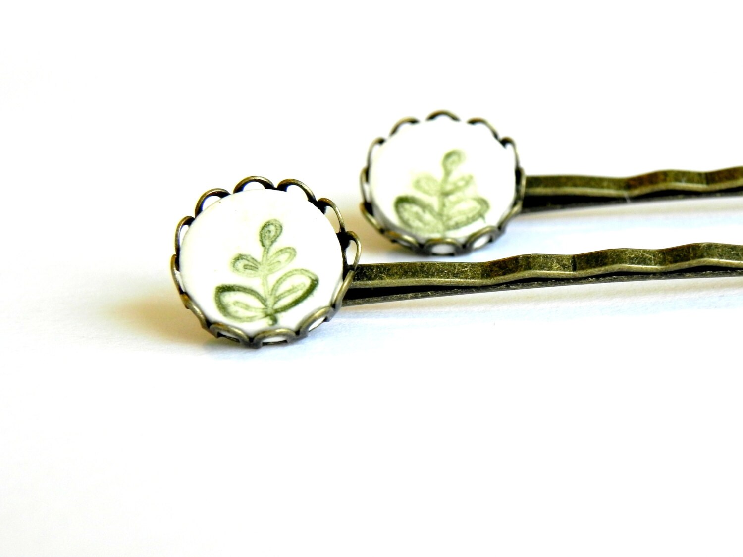 2 Ceramic Bobby Pins Green Leaves White Porcelain by Ceraminic