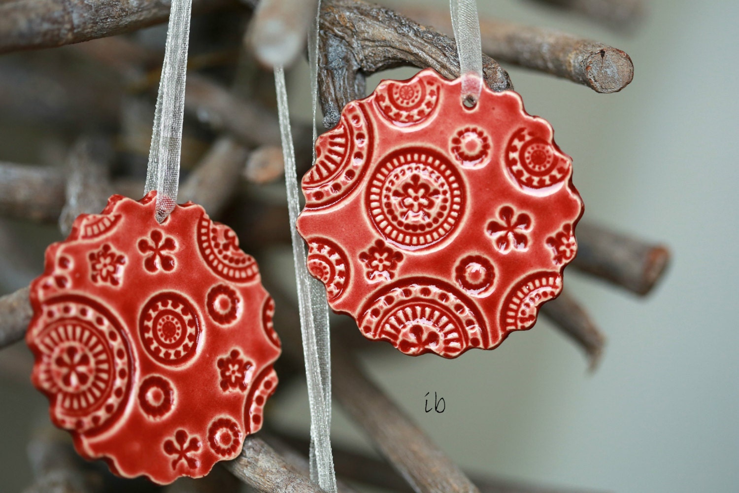 Red Lace Ceramic Ornament 3 Christmas Ornaments Red Scallop