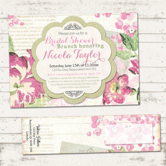 Bridal Shower Invitation with Wrap Around Address Labels - Shabby chic, Paris, vintage inspired, pinks and green floral - Custom Il_570xn