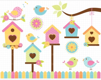 Clipart - Spring Birds / Bird House / Garden - Digital Clip Art (Instant Download)