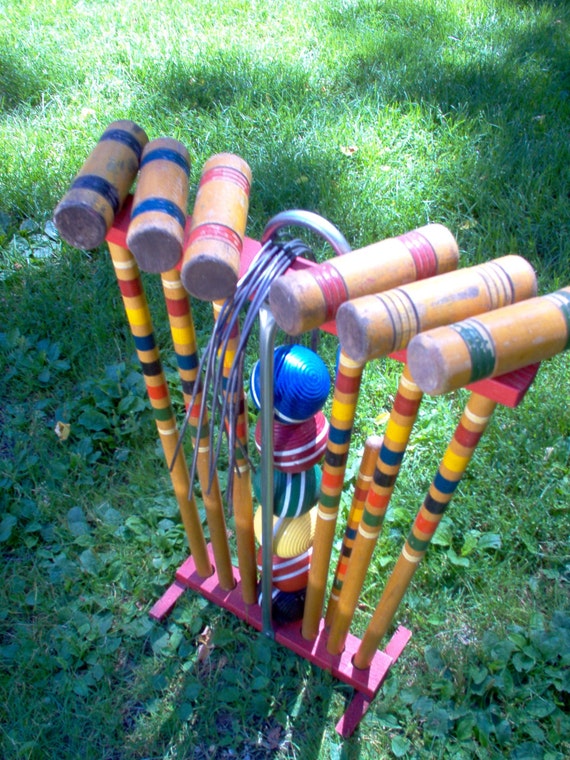 Vintage Six Player Wood Croquet Set with Red Wood Holder