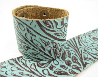 Tooled Turquoise Brown Leather Cuff Bracelet 2" Wide, #57-85241614