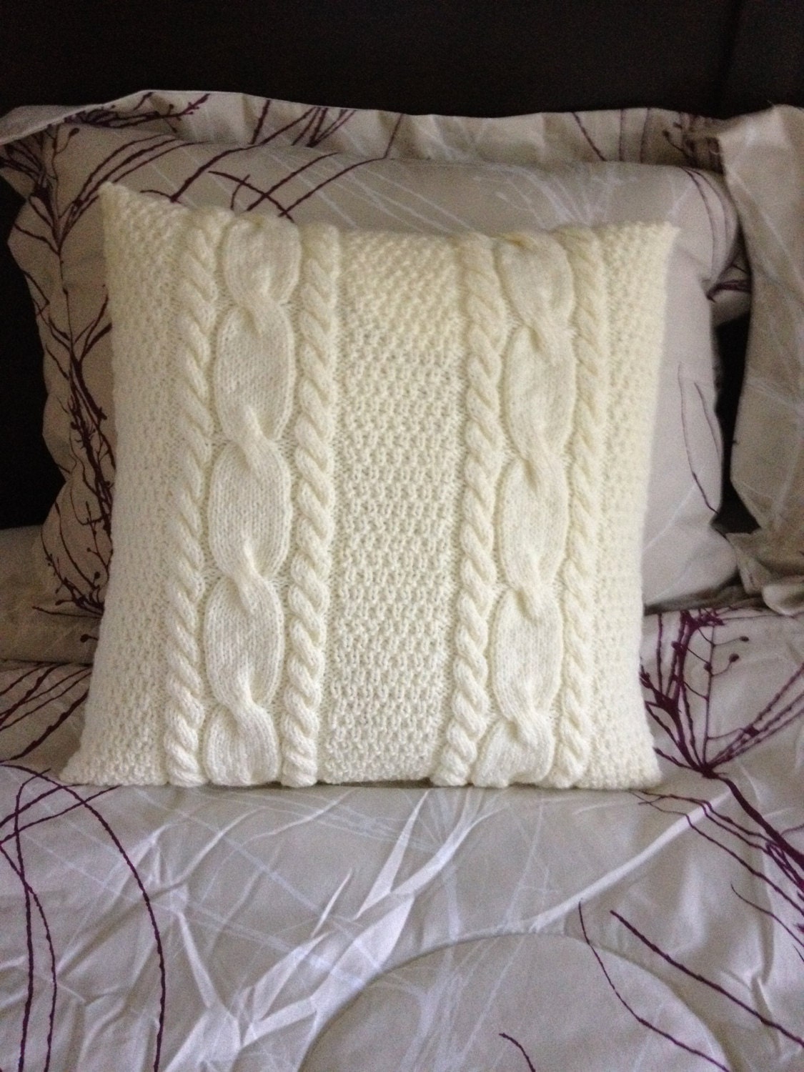 Hand knitted antique white pillow case pillow not by Madebyfate