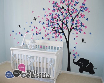 Baby Nursery Wall Decals - Tree Wall Decal Elephant Decal Decor Tree Wall Mural Sticker Decoration - Large: approx 83" x 53" - KC033