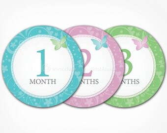 Butterfly Baby Month Stickers for Girls - PRINTABLE DIY - Instant Download - Blue, Purple, Green 1 - 12 Number Monthly Bodysuit Stickers