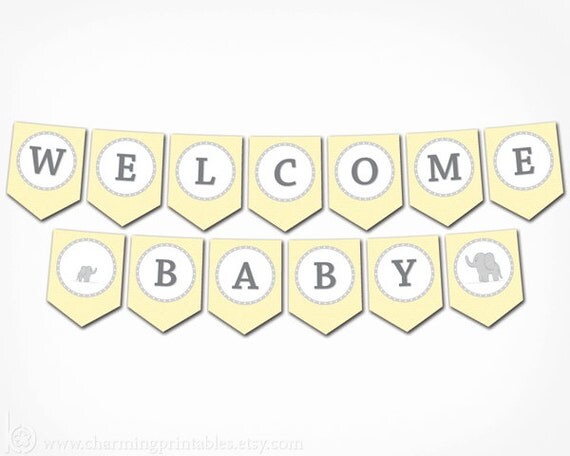 Elephant Baby Shower Banner - PRINTABLE Banner - DIY Digital File - Gender Neutral - Yellow Gray - Elegant Elephant Collection Il_570xn