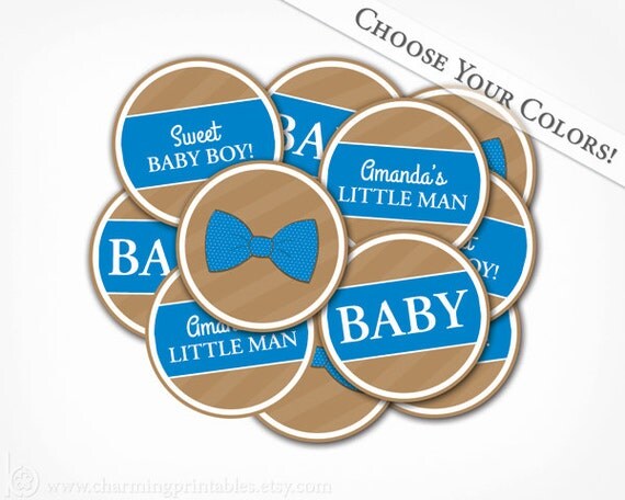 Bow Tie Baby Shower Cupcake Toppers - PRINTABLE Party Circles- DIY Digital File - Baby Boy Shower - Blue Brown - Bow Tie Collection Il_570xn