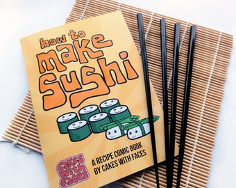 How to Make Sushi Recipe Comic Book Gift Set - With Japanese chopsticks & sushi rolling mat - Cute Sushi Gift - Japan Gift
