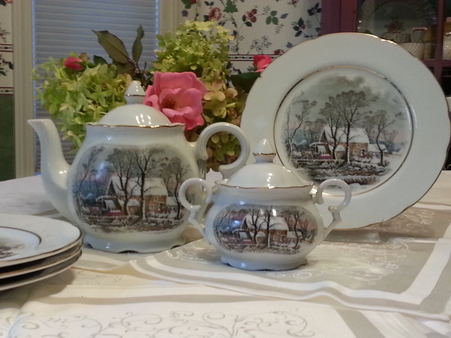 9 Piece Avon Currier and Ives Tea Set 1977 Teapot Sugar and