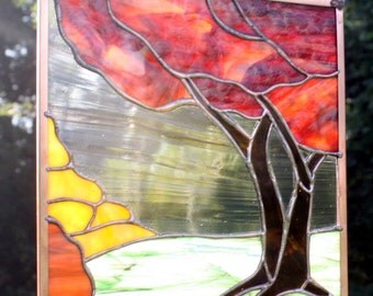 Fall Tree Landscape Stained Glass Panel