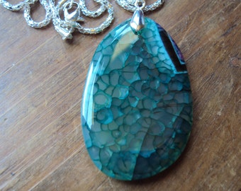 Collier Agate Veines De Dragon Bleu Lagon - Pendentif En Argent Sterling - Longueur 56-60 Cm - Neuf